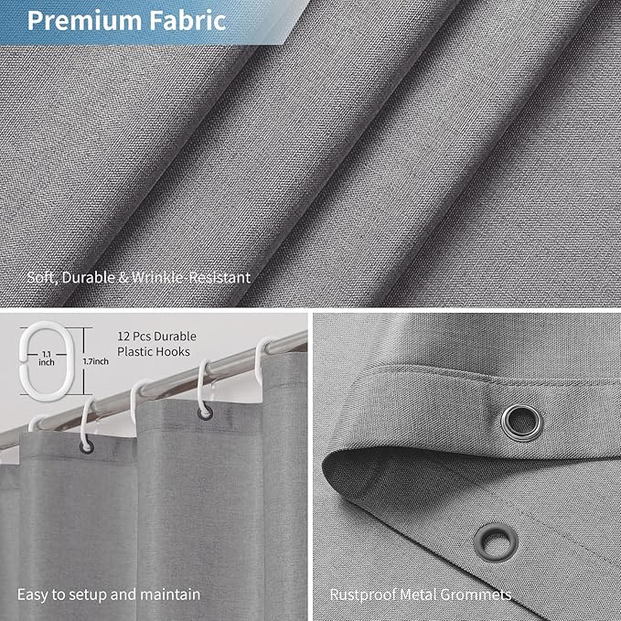2-in-1 Waterproof Extra Long Fabric Shower Curtain or Liner,Linen Textured,96 Inch Breathable TPU & Washable Bathroom Shower Curtain Set with 12 Plastic Hooks,Modern,72"x96" Grey