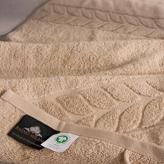 BAGNO MILANO Organic Turkish Cotton Bath Towels, Luxury Jacquard Collection, Certified Organic Highly Absorbent, Soft-Plush Towel Set (Latte, 2 Pcs Bath Towel Set)