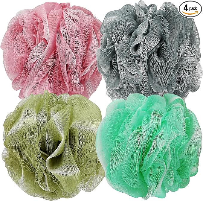 Bath Shower Loofah Sponge 60g Bath Mesh Pouf Shower Ball Body Scrubber Exfoliating Bath Sponge for Women and Men, Set of 4, Gold and Grey