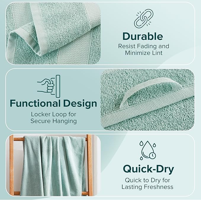 Comfort Spaces Turkish Bath Towel Set of 4 Piece 27x54 Medium 100% Cotton Towels Highly Absorbent Soft Quick Dry Shower for Bathroom Spa Seafoam Green