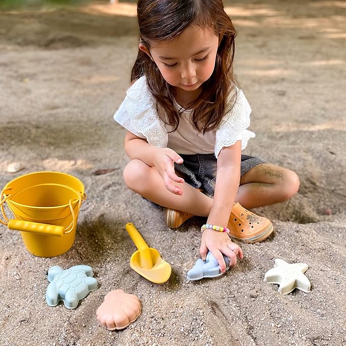 BLUE GINKGO Modern Baby Sand Toys | Travel Friendly | Silicone Bucket, Shovel, 4 Molds, Beach Bag for Toddlers, Kids - Blue