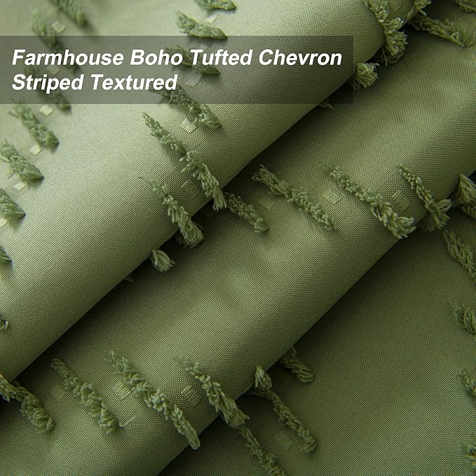 Extra Long No Hooks Shower Curtains, 98 Inches Long Boho Tufted Chevron Striped Fabric Shower Curtain for Bathroom with Snap in Liner, Water Resistant Cloth Shower Curtain Set, Sage Green, 72x98