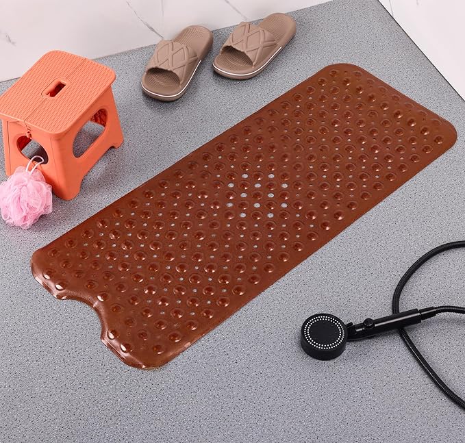 Anti-Slip Bathtub Shower mat, 39.3×15.7 inch（Approximately 100 × 40cm） Soft Oversized Machine Washable Non-Slip Bathtub mat with Drainage Holes, Bathroom Floor Suction Cup.（1-Clear Brown）
