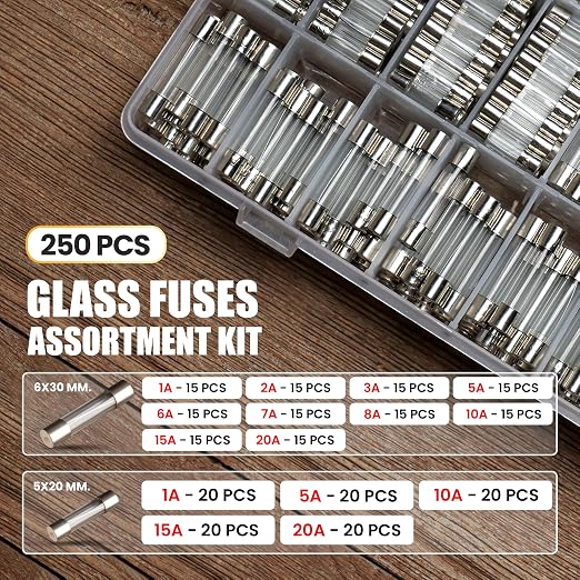 MADCATZ 250 Pcs 15 Values Fast Blow Glass Fuses Assortment Kit 250V 5x20mm 1A - Image 2