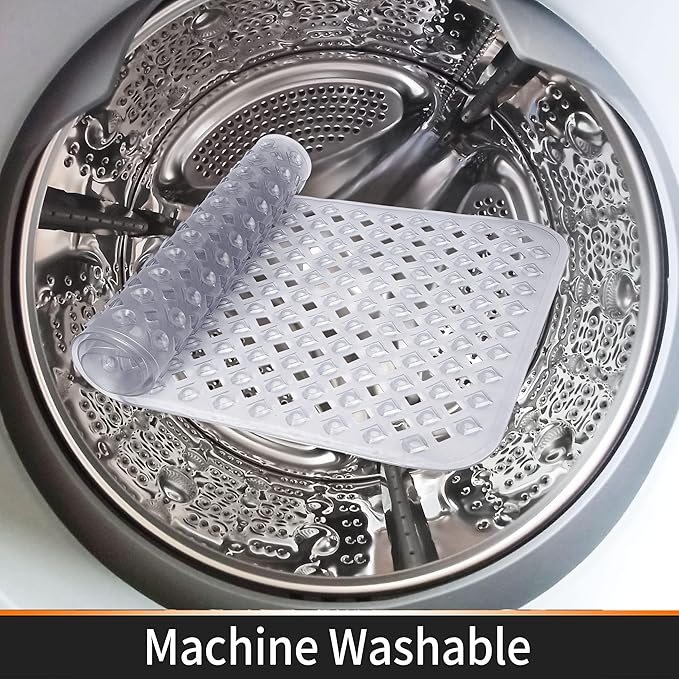 Yimobra Square Shower Mat Non Slip, Super Strong Suction Cups, 21"x21" Bath Tub Mat with Drain Holes, Machine Washable Fast Draining Bath Mats, Bathroom Essentials,Clear Gray