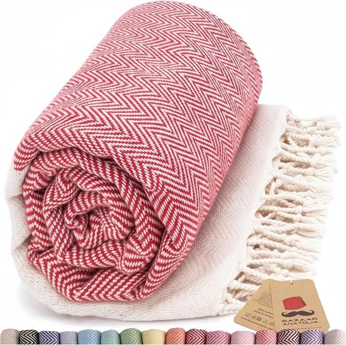 Bazaar Anatolia Turkish Beach Towel 100% Cotton Bath Towels 71x39 Quick Dry Sand Free Lightweight Large Oversized Herringbone Red