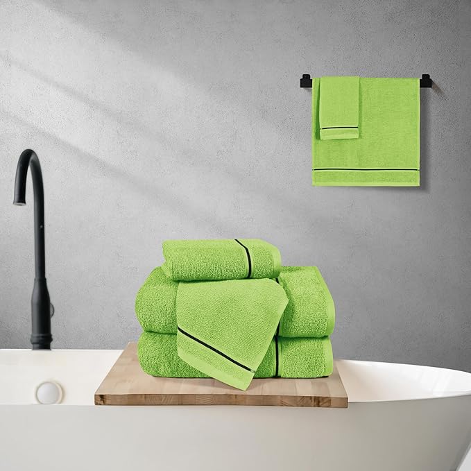 MyOwn Ultra Soft 6 Pack Cotton Towel Set, Contains 2 Bath Towels 28x55 inch, 2 Hand Towels 16x24 inch & 2 Wash Coths 12x12 inch, Ideal Everyday use, Compact & Lightweight - Kiwi Green