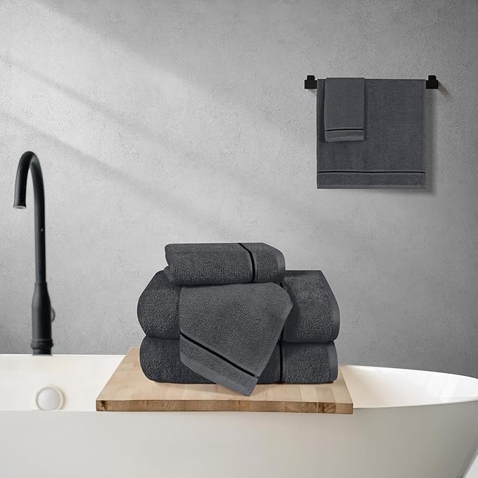 MyOwn Ultra Soft 6 Pack Cotton Towel Set, Contains 2 Bath Towels 28x55 inch, 2 Hand Towels 16x24 inch & 2 Wash Coths 12x12 inch, Ideal Everyday use, Compact & Lightweight - Charcoal Grey