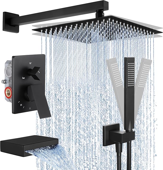 KES Black Shower Faucet Set Complete, 12 Inch Rainfall Shower Head with Handheld Spray, Waterfall Tub Spout Bathtub Faucet, Shower System, Regaderas Modernas Para Ducha, XB6305F18S12-BK