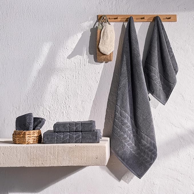 BAGNO MILANO Organic Turkish Cotton Bath Towels, Luxury Jacquard Collection, Certified Organic Highly Absorbent, Soft-Plush Towel Set (Charcoal, 4 Pcs Hand Towel Set)