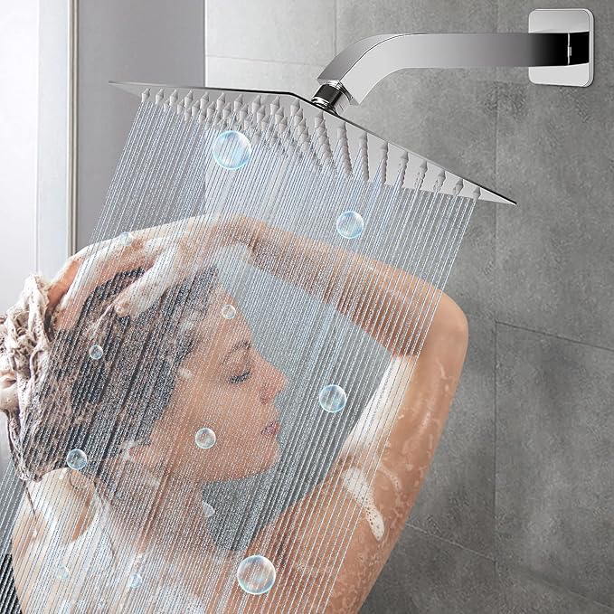 HarJue Shower Arm with Flange and Teflon Tape, Wall Mounted Square Shower Pipe 304 Stainless Steel Extension Arm for Fixed Shower Head & Handheld Shower (10 Inch, Chrome)