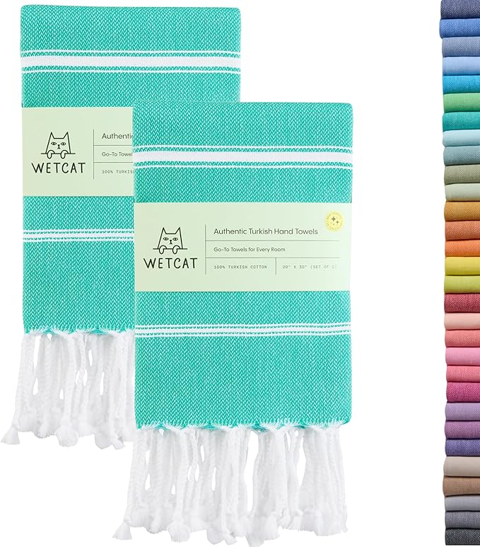 WETCAT Turkish Hand Towels with Hanging Loop, Set of 2 (20" x 30") 100% Turkish Cotton, Pre-Washed, Quick Drying, for Kitchen or Bathroom - Mint Green