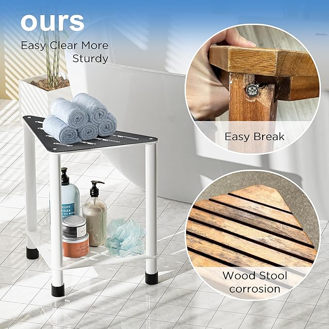 Stainless Steel Shower Stool for Inside Shower, 15.4'' H Shower Foot Rest, Corner Shower Stool with Storage Shelf, Shower Step for Shaving Legs, Bathroom Corner Shower Bench, White
