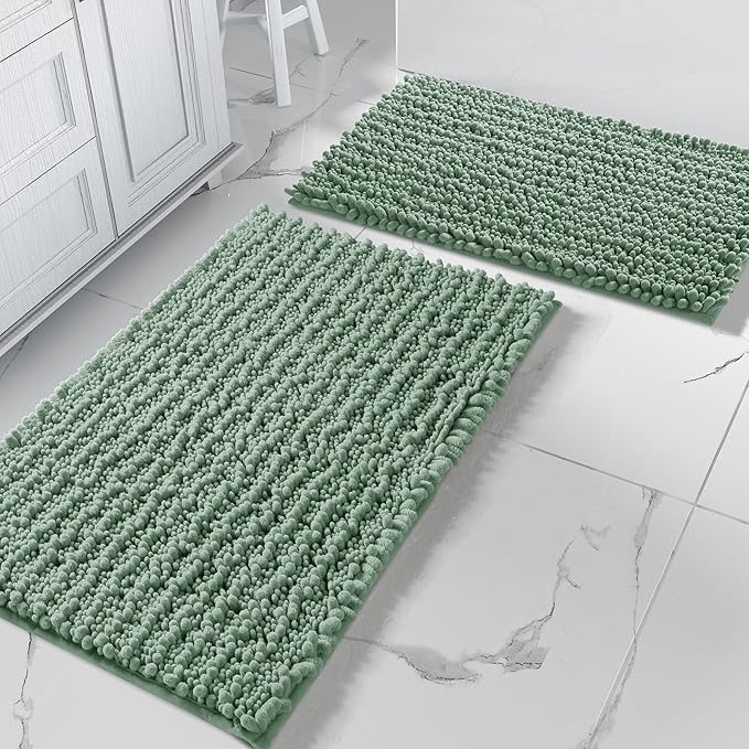 Yimobra Bathroom Rugs Sets 2 Piece - Quick Dry Extra Thick Luxury Chenille Bath Mat, Non Slip Super Absorbent for Tub Shower Sink, Machine Washable Shaggy Floor Mat, 32"x20"+24"x20" Inch, Green