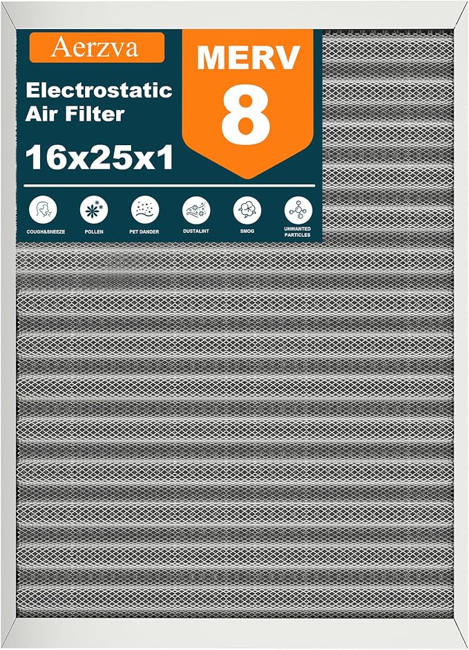 16x25x1 Reusable Air Filter, MERV 8, Permanent Electrostatic Air Filter by Aerzva