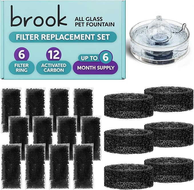 BROOK Glass Pet Fountain Filter Replacement Set – 6 Filter Rings & 12 Activated by Brook