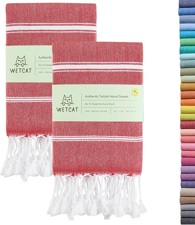 WETCAT Turkish Hand Towels with Hanging Loop, Set of 2 (20" x 30") 100% Turkish Cotton, Pre-Washed, Quick Drying, for Kitchen or Bathroom - Red