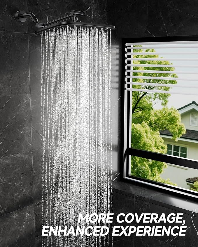 Veken 11.8" Black Rain Shower Head, Rectangular Rainfall Showerheads with 11" Stainless Steel Exension Arm, Height & Angle Decor Adjustable, High Pressure Shower Heads, Bathroom Accessories