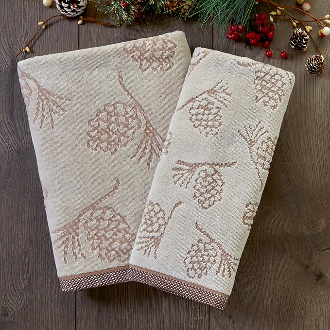 SKL Home Fall/Winter/Christmas Pinecone Jacquard Hand Towel 2pc Set for Bath/Kitchen/Bar & Gift, Wheat