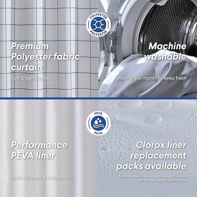 CLOROX Bathroom Waffle Windowpane Pattern Shower Curtain with Waterproof Lightweight PEVA Liner Set, Standard Size, Metal Grommets, No Hooks 72" x 72" - 2 Pc Set - Grey w Frosty PEVA