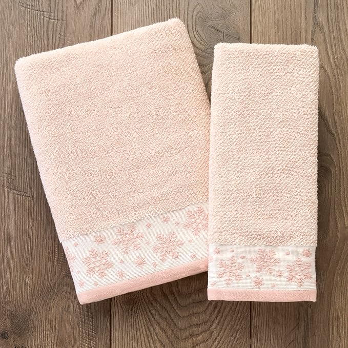 SKL Home Christmas/Winter Heather Snowflake 100% Cotton Premium 2-Piece Hand Towel Set, 500 GSM, Soft & Absorbent Jacquard, Decorative for Bath/Kitchen/Bar, Blush Pink