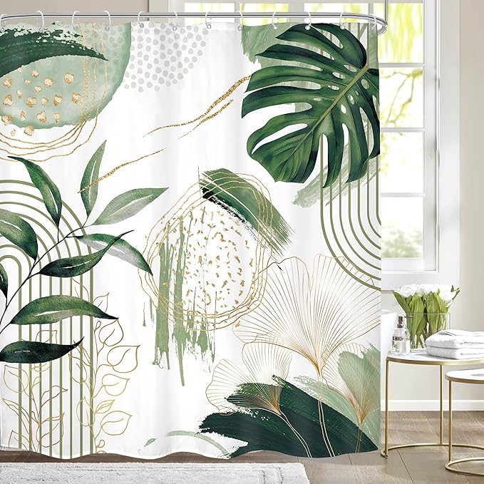 Sage Green Boho Shower Curtain 72Wx78H Mid Century Modern Tropical Palm Leaves Plant Abstract Bohemian Geometric Arch Bathroom Decor Botanical Bath Curtain Fabric Polyester 12 Pack Hooks