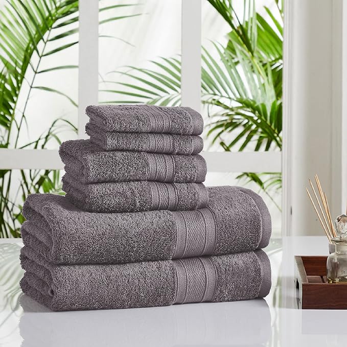 TRIDENT Soft & Plush Luxury Towel Set, 100% Cotton, 2 Bath Towels 2 Hand Towels 2 Washcloths Highly Absorbent Towels for Bathroom, 6 Pieces Charcoaly Grey Towel Sets