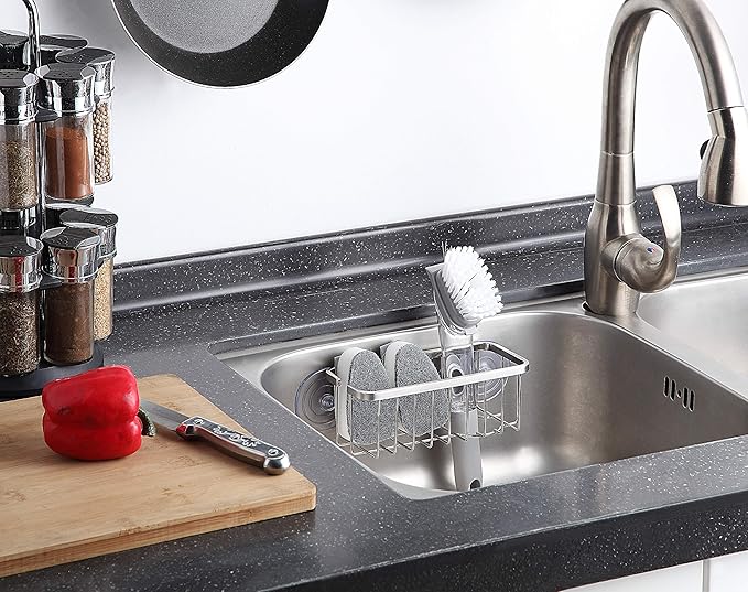 SunnyPoint NeverRust Deluxe Kitchen & Bathroom Sink Sponge Holder Organizer with Adhesive Mount - Additional Suction Cup Included – Sponge & Brush NOT Included – 7.4 x 3.3 x 2.75 Inch