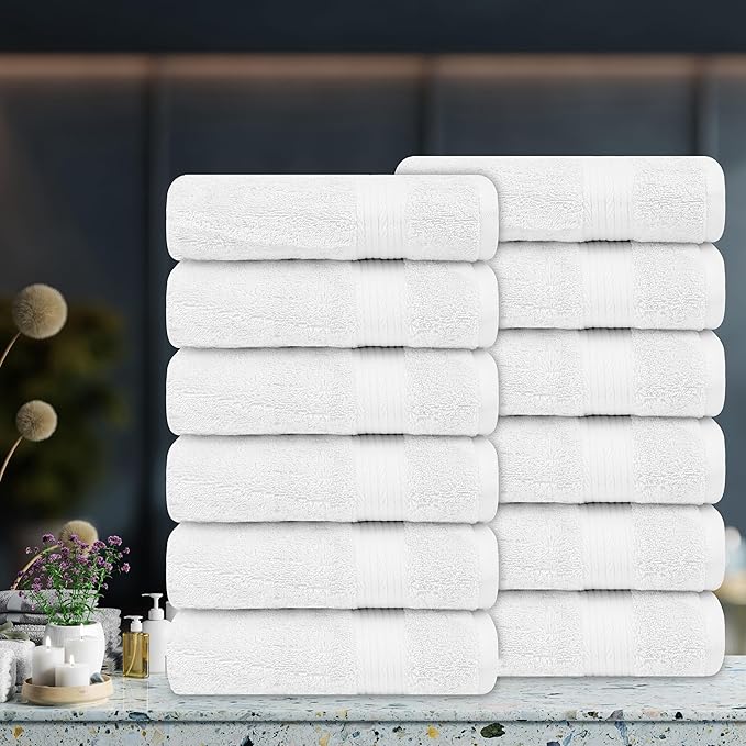 Ample Decor Hand Towel 18 X 28 Inch Pack of 12 600 GSM 100% Cotton Soft Absorbent Thick Durable Premium Quality, for Hotel, Bathroom, Spa, Daily Use, Gym - Christmas White