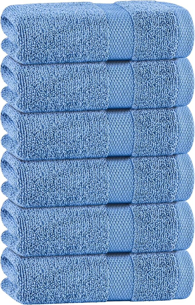 White Classic Light Blue Hand Towels for Bathroom [6 Pack] Cotton Hand Towel Bulk for Gym, Kitchen and Spa, 16x27 Inches Soft Highly Absorbent Quick Dry Terry Salon Towels