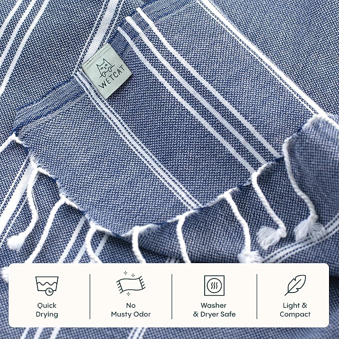 WETCAT Turkish Hand Towels with Hanging Loop, Set of 2 (20" x 30") 100% Turkish Cotton, Pre-Washed, Quick Drying, for Kitchen or Bathroom - Navy Blue