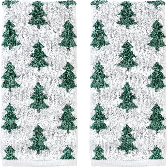 SKL Home Christmas/Winter Holiday Trees 100% Cotton Premium 2-Piece Hand Towel Set, 500 GSM, Reversible Jacquard, Soft & Absorbent, Decorative for Bath/Kitchen/Bar & Gift, Green/White