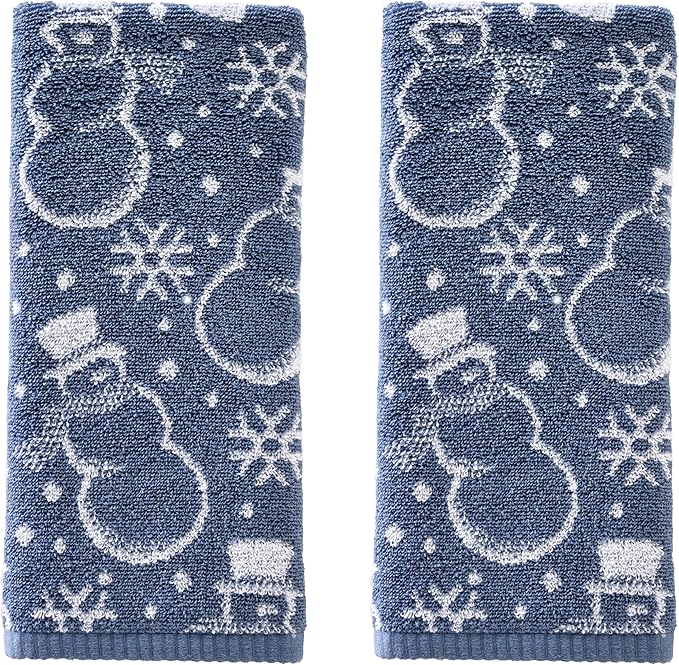 SKL Home Winter/Christmas Top Hat Snowmen Hand Towel 2pc Set for Bath/Kitchen/Bar & Gift, Blue