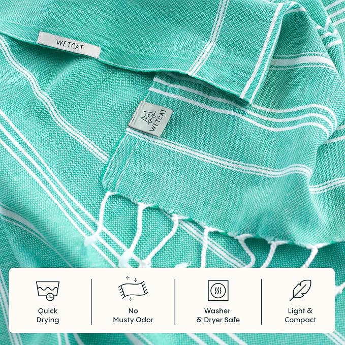 WETCAT Turkish Hand Towels with Hanging Loop, Set of 2 (20" x 30") 100% Turkish Cotton, Pre-Washed, Quick Drying, for Kitchen or Bathroom - Mint Green